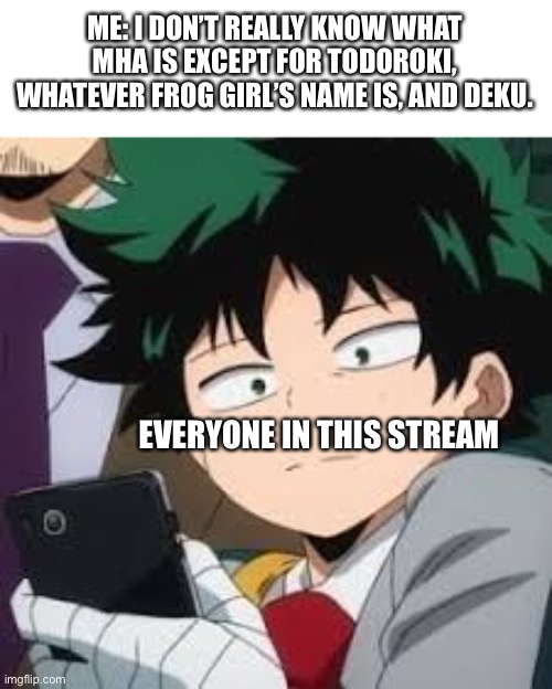 Deku dissapointed | ME: I DON’T REALLY KNOW WHAT MHA IS EXCEPT FOR TODOROKI, WHATEVER FROG GIRL’S NAME IS, AND DEKU. EVERYONE IN THIS STREAM | image tagged in deku dissapointed,mha | made w/ Imgflip meme maker