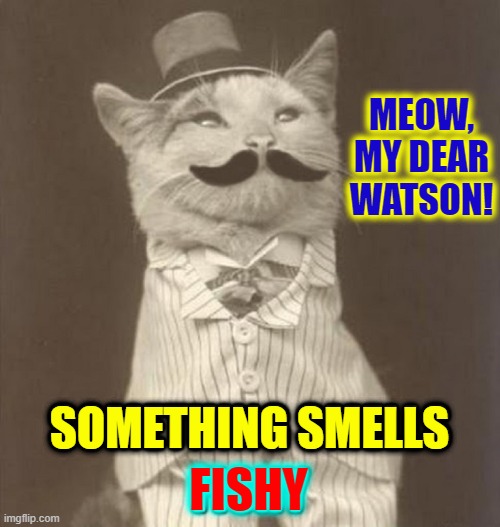 Sherlock Holmes: The Case of the Gas Station Sushi | SOMETHING SMELLS FISHY MEOW, MY DEAR WATSON! | image tagged in vince vance,sherlock holmes,cats,dr watson,memes,something smells | made w/ Imgflip meme maker
