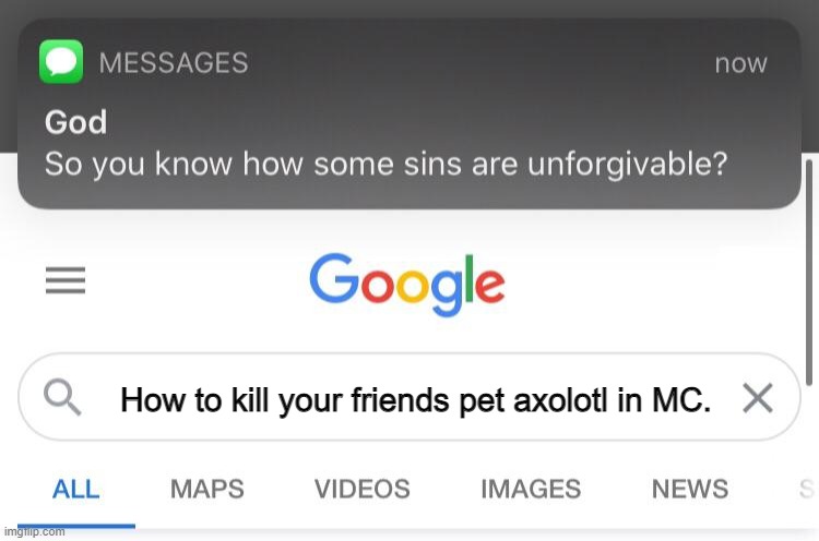 So you know how some sins are unforgivable | How to kill your friends pet axolotl in MC. | image tagged in so you know that some sins are unforgivable,minecraft,google search | made w/ Imgflip meme maker