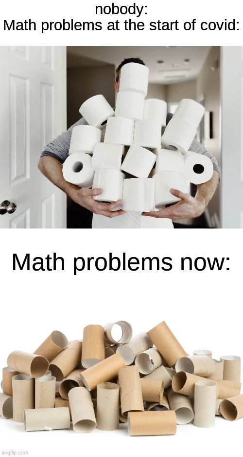 Tim had 24 toilet paper and Bob had 45. How many toilet paper do they have in total? |  nobody:
Math problems at the start of covid:; Math problems now: | image tagged in memes,covid-19,toilet paper,math problems | made w/ Imgflip meme maker
