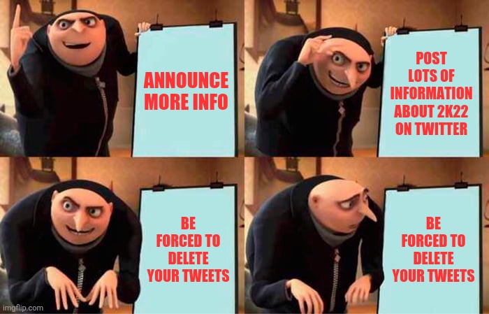 Mike Wang: | ANNOUNCE MORE INFO; POST LOTS OF INFORMATION ABOUT 2K22 ON TWITTER; BE FORCED TO DELETE YOUR TWEETS; BE FORCED TO DELETE YOUR TWEETS | image tagged in memes,gru's plan | made w/ Imgflip meme maker