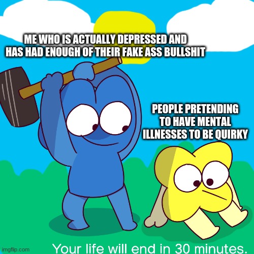 STOP IT. IT'S STUPID. >:( | ME WHO IS ACTUALLY DEPRESSED AND HAS HAD ENOUGH OF THEIR FAKE ASS BULLSHIT; PEOPLE PRETENDING TO HAVE MENTAL ILLNESSES TO BE QUIRKY | made w/ Imgflip meme maker