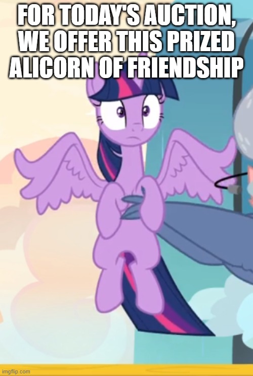 FOR TODAY'S AUCTION, WE OFFER THIS PRIZED ALICORN OF FRIENDSHIP | made w/ Imgflip meme maker