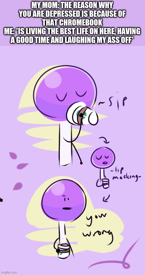 lollipop says your wrong | MY MOM: THE REASON WHY YOU ARE DEPRESSED IS BECAUSE OF THAT CHROMEBOOK
ME: *IS LIVING THE BEST LIFE ON HERE, HAVING A GOOD TIME AND LAUGHING MY ASS OFF* | image tagged in lollipop says your wrong | made w/ Imgflip meme maker