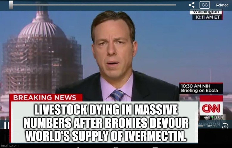 CNN Crazy News Network | LIVESTOCK DYING IN MASSIVE NUMBERS AFTER BRONIES DEVOUR WORLD'S SUPPLY OF IVERMECTIN. | image tagged in cnn crazy news network | made w/ Imgflip meme maker