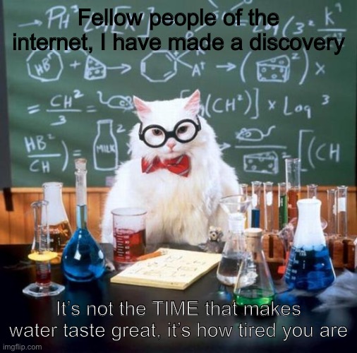 Discovered it yesterday | Fellow people of the internet, I have made a discovery; It’s not the TIME that makes water taste great, it’s how tired you are | image tagged in memes,chemistry cat | made w/ Imgflip meme maker