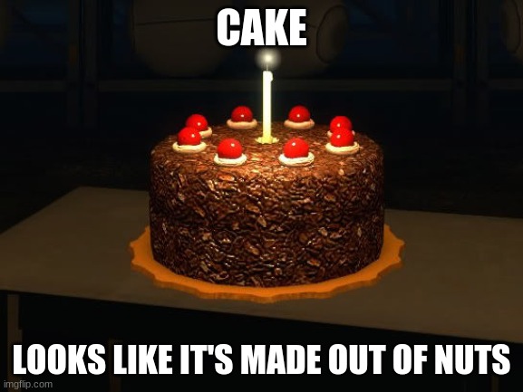 Portal cake 2 | CAKE; LOOKS LIKE IT'S MADE OUT OF NUTS | image tagged in portal cake 2,memes,nuts | made w/ Imgflip meme maker