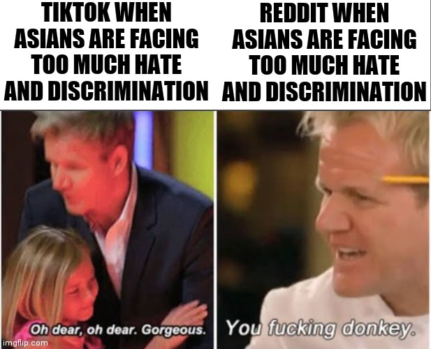 Ok look this is why reddit is shit and tiktok is better ok I hope you understand | TIKTOK WHEN ASIANS ARE FACING TOO MUCH HATE AND DISCRIMINATION; REDDIT WHEN ASIANS ARE FACING TOO MUCH HATE AND DISCRIMINATION | image tagged in white bar,gordon ramsay kids vs adults | made w/ Imgflip meme maker