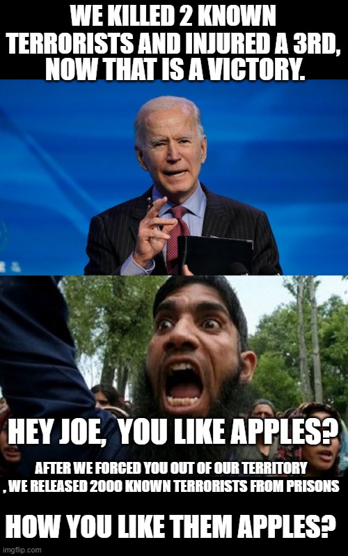 I don't like them apples at all , Joe.. | WE KILLED 2 KNOWN TERRORISTS AND INJURED A 3RD, NOW THAT IS A VICTORY. HEY JOE,  YOU LIKE APPLES? AFTER WE FORCED YOU OUT OF OUR TERRITORY , WE RELEASED 2000 KNOWN TERRORISTS FROM PRISONS; HOW YOU LIKE THEM APPLES? | image tagged in stupid liberals,terrorists,political meme,funny memes,truth | made w/ Imgflip meme maker