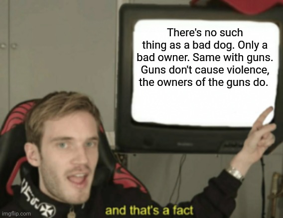 and that's a fact | There's no such thing as a bad dog. Only a bad owner. Same with guns. Guns don't cause violence, the owners of the guns do. | image tagged in and that's a fact | made w/ Imgflip meme maker