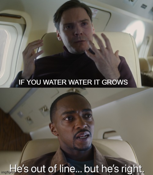 Watering water | IF YOU WATER WATER IT GROWS | image tagged in hes out of line but hes right | made w/ Imgflip meme maker