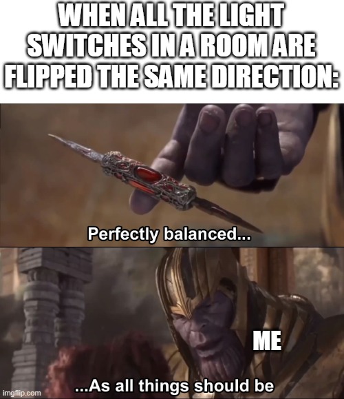 Perfection. |  WHEN ALL THE LIGHT SWITCHES IN A ROOM ARE FLIPPED THE SAME DIRECTION:; ME | image tagged in thanos perfectly balanced as all things should be,perfection,ocd,memes | made w/ Imgflip meme maker