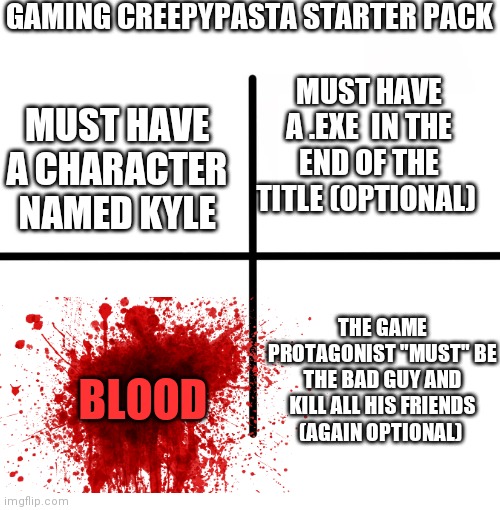 Literally every game creepypasta | GAMING CREEPYPASTA STARTER PACK; MUST HAVE A .EXE  IN THE END OF THE TITLE (OPTIONAL); MUST HAVE A CHARACTER NAMED KYLE; THE GAME PROTAGONIST "MUST" BE THE BAD GUY AND KILL ALL HIS FRIENDS (AGAIN OPTIONAL); BLOOD | image tagged in memes,creepypasta,exe | made w/ Imgflip meme maker