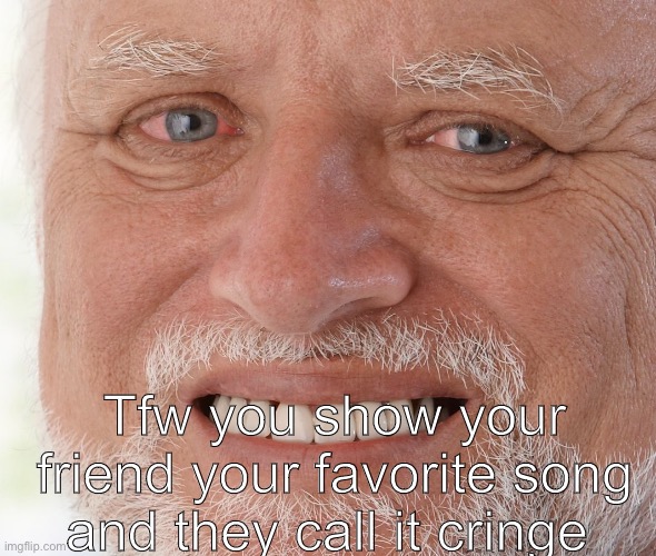 Feelings? Hurt. Hotel? Trivago. | Tfw you show your friend your favorite song and they call it cringe | image tagged in hide the pain harold | made w/ Imgflip meme maker
