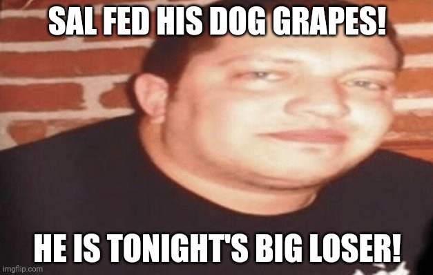 Tonight's Big Loser | SAL FED HIS DOG GRAPES! HE IS TONIGHT'S BIG LOSER! | image tagged in tonight's big loser | made w/ Imgflip meme maker
