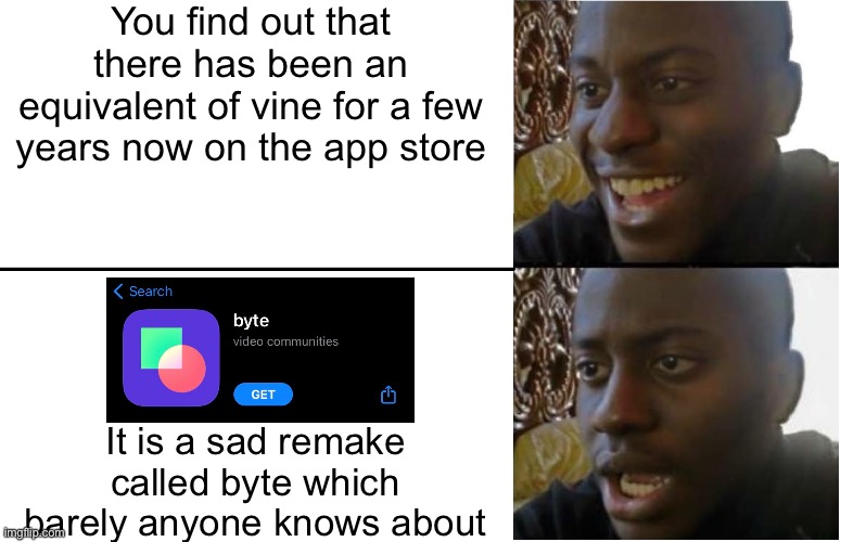 Not hate on byte but it’s nothing compared to Vine | You find out that there has been an equivalent of vine for a few years now on the app store; It is a sad remake called byte which barely anyone knows about | image tagged in byte,vine,remake,sad,memes,app | made w/ Imgflip meme maker