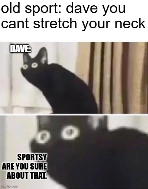 dsaf in a nutshell | old sport: dave you cant stretch your neck; DAVE:; SPORTSY ARE YOU SURE ABOUT THAT. | image tagged in oh no black cat | made w/ Imgflip meme maker
