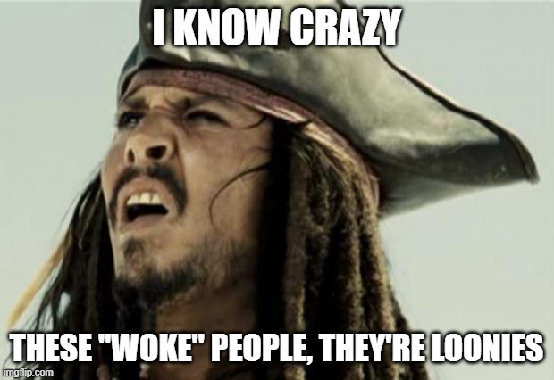 confused dafuq jack sparrow what | I KNOW CRAZY; THESE "WOKE" PEOPLE, THEY'RE LOONIES | image tagged in confused dafuq jack sparrow what | made w/ Imgflip meme maker