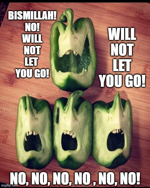 If my veggies could sing... | WILL NOT LET YOU GO! BISMILLAH!

NO!
WILL
NOT
LET 
YOU GO! NO, NO, NO, NO , NO, NO! | image tagged in queen,bohemian rhapsody,vegetables,singing,creepy | made w/ Imgflip meme maker