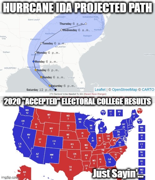 Coincidence? Askin' for a friend... | HURRCANE IDA PROJECTED PATH; 2020 "ACCEPTED" ELECTORAL COLLEGE RESULTS; Just Sayin'... | image tagged in ida,haarp,irregular warfare | made w/ Imgflip meme maker