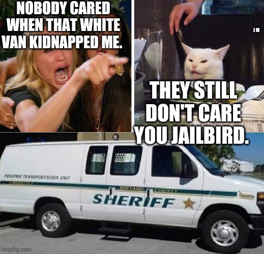 NOBODY CARED WHEN THAT WHITE VAN KIDNAPPED ME. J M; THEY STILL DON'T CARE YOU JAILBIRD. | image tagged in smudge the cat | made w/ Imgflip meme maker