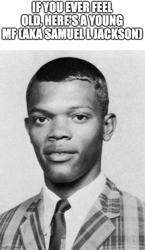 young samuel l jackson | IF YOU EVER FEEL OLD, HERE'S A YOUNG MF (AKA SAMUEL L JACKSON) | image tagged in young samuel l jackson | made w/ Imgflip meme maker
