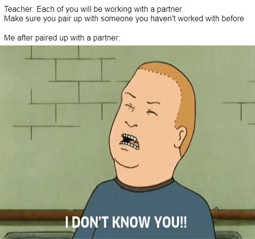 Teacher: Each of you will be working with a partner. 
Make sure you pair up with someone you haven't worked with before
 
Me after paired up with a partner: | image tagged in king of the hill - bobby - that's my purse i don't know you,meme,memes,school,partners | made w/ Imgflip meme maker