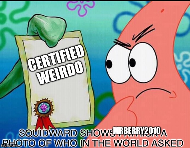 Squidward shows Patrick a photo of who in the world asked | CERTIFIED WEIRDO MRBERRY2010 | image tagged in squidward shows patrick a photo of who in the world asked | made w/ Imgflip meme maker