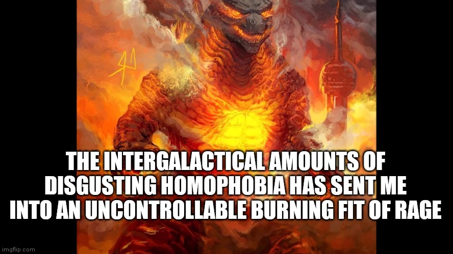 Burning Godzilla | THE INTERGALACTICAL AMOUNTS OF DISGUSTING HOMOPHOBIA HAS SENT ME INTO AN UNCONTROLLABLE BURNING FIT OF RAGE | image tagged in burning godzilla | made w/ Imgflip meme maker