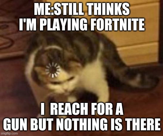 Loading cat | ME:STILL THINKS I'M PLAYING FORTNITE; I  REACH FOR A GUN BUT NOTHING IS THERE | image tagged in loading cat | made w/ Imgflip meme maker