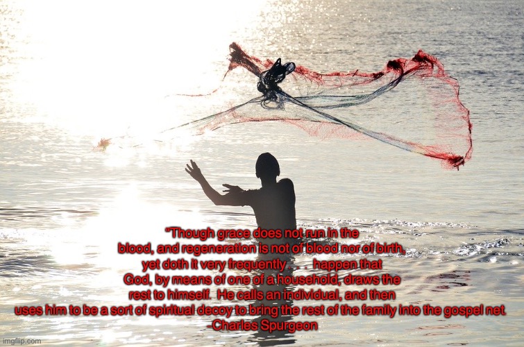 Fishers of men | “Though grace does not run in the blood, and regeneration is not of blood nor of birth, yet doth it very frequently . . . happen that God, by means of one of a household, draws the rest to himself. He calls an individual, and then uses him to be a sort of spiritual decoy to bring the rest of the family into the gospel net.
-Charles Spurgeon | image tagged in make disciples | made w/ Imgflip meme maker