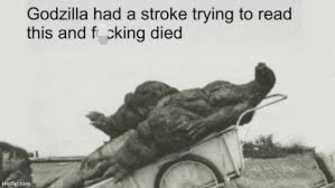 Godzilla had a stroke trying to read this and f**king died | image tagged in godzilla had a stroke trying to read this and f king died | made w/ Imgflip meme maker