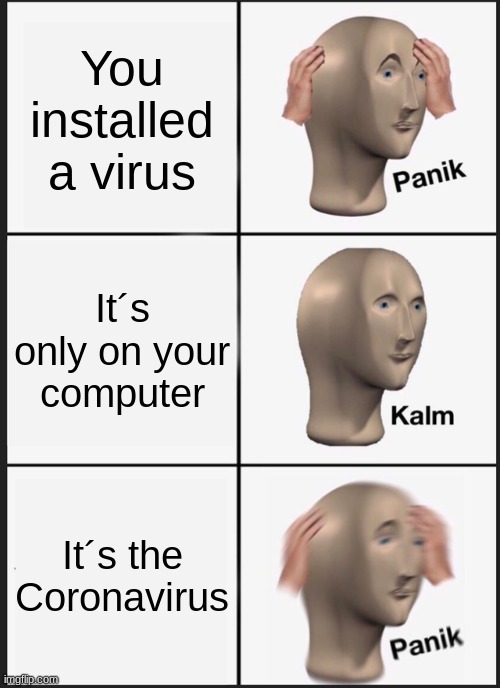 Panik Kalm Panik Meme | You installed a virus; It´s only on your computer; It´s the Coronavirus | image tagged in memes,panik kalm panik | made w/ Imgflip meme maker