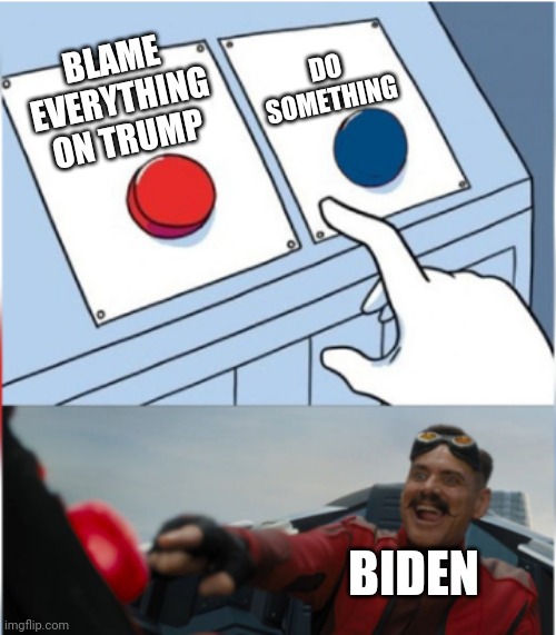 Robotnik Pressing Red Button |  DO SOMETHING; BLAME EVERYTHING ON TRUMP; BIDEN | image tagged in robotnik pressing red button | made w/ Imgflip meme maker