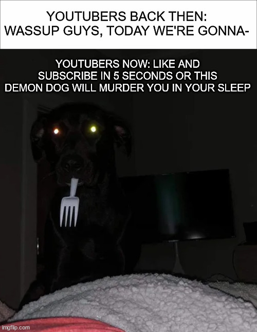 demon dog | YOUTUBERS NOW: LIKE AND SUBSCRIBE IN 5 SECONDS OR THIS DEMON DOG WILL MURDER YOU IN YOUR SLEEP; YOUTUBERS BACK THEN: WASSUP GUYS, TODAY WE'RE GONNA- | image tagged in funny memes,youtubers,dogs,like,subscribe,youtube | made w/ Imgflip meme maker