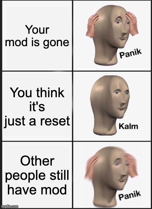 What did I do? | Your mod is gone; You think it's just a reset; Other people still have mod | image tagged in memes,panik kalm panik | made w/ Imgflip meme maker