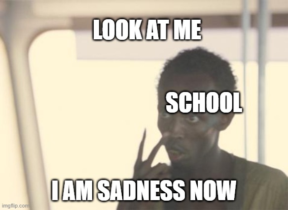 I'm The Captain Now | LOOK AT ME; SCHOOL; I AM SADNESS NOW | image tagged in memes,i'm the captain now,school | made w/ Imgflip meme maker