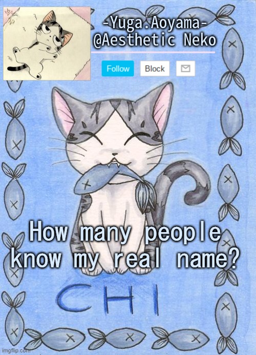 Chi's Sweet Home temp | How many people know my real name? | image tagged in chi's sweet home temp | made w/ Imgflip meme maker