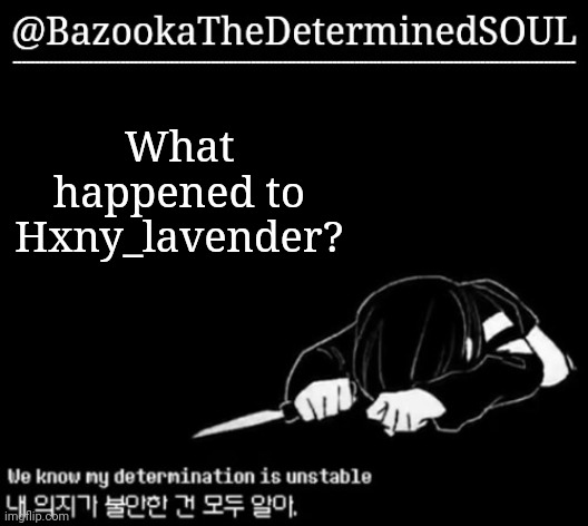 Unstable determination | What happened to Hxny_lavender? | image tagged in unstable determination | made w/ Imgflip meme maker