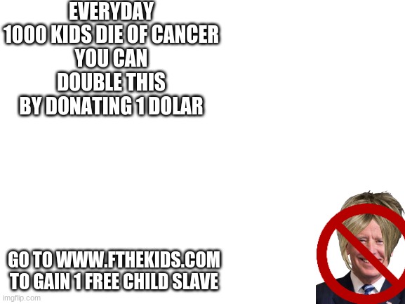 www.Fthekids.com to gain a slave | EVERYDAY 1000 KIDS DIE OF CANCER
YOU CAN DOUBLE THIS BY DONATING 1 DOLAR; GO TO WWW.FTHEKIDS.COM TO GAIN 1 FREE CHILD SLAVE | image tagged in blank white template,meme,funny,why,slave,cancer | made w/ Imgflip meme maker