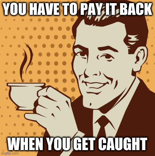 civilized taxes | YOU HAVE TO PAY IT BACK; WHEN YOU GET CAUGHT | image tagged in mug approval | made w/ Imgflip meme maker