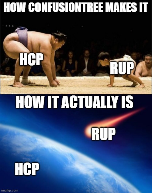 It's really close | HOW CONFUSIONTREE MAKES IT; HCP; RUP; HOW IT ACTUALLY IS; RUP; HCP | image tagged in unfair fight,meteorite | made w/ Imgflip meme maker