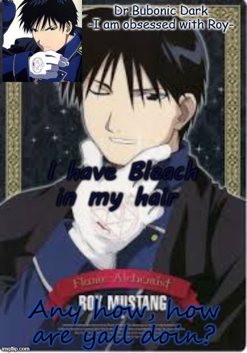 Roy is hawt do not question me | I have Bleach in my hair; Any how, how are yall doin? | image tagged in roy is hawt do not question me | made w/ Imgflip meme maker