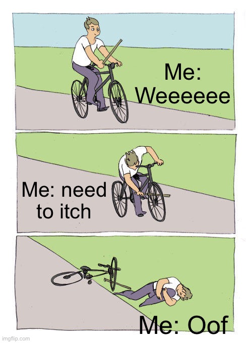 Bike Fall | Me: Weeeeee; Me: need to itch; Me: Oof | image tagged in memes,bike fall | made w/ Imgflip meme maker