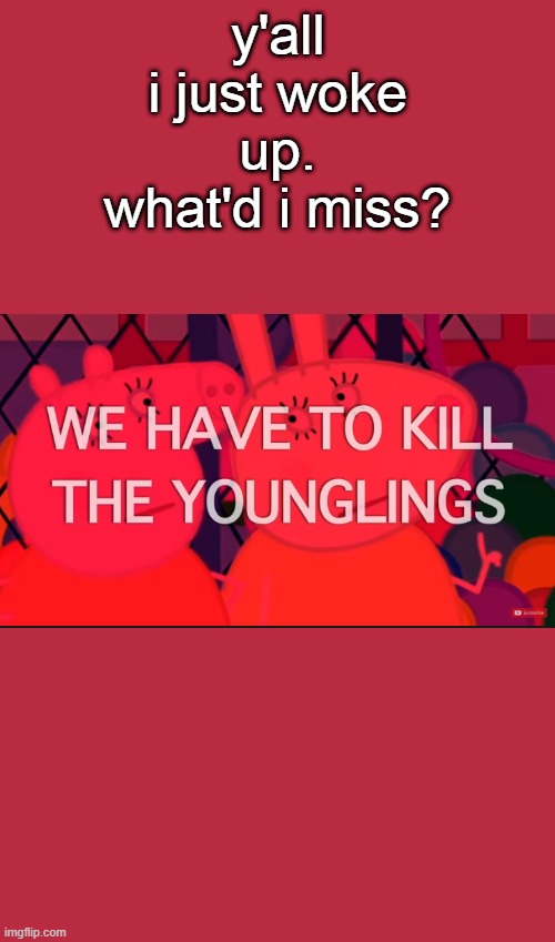 we have to kill the younglings | y'all i just woke up. what'd i miss? | image tagged in we have to kill the younglings | made w/ Imgflip meme maker