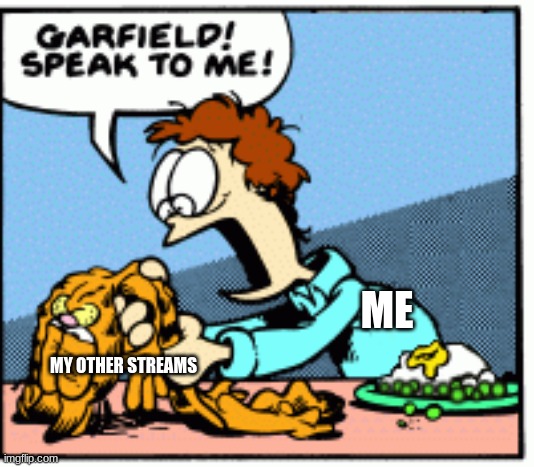 Garfield speak to me! | ME; MY OTHER STREAMS | image tagged in garfield speak to me | made w/ Imgflip meme maker