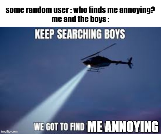 we got to find him! | some random user : who finds me annoying?
me and the boys :; ME ANNOYING | image tagged in keep searching boys we gotta find | made w/ Imgflip meme maker