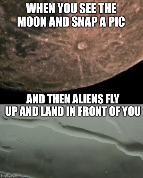 alien camera | WHEN YOU SEE THE MOON AND SNAP A PIC; AND THEN ALIENS FLY UP AND LAND IN FRONT OF YOU | image tagged in alien,camera,blurry | made w/ Imgflip meme maker
