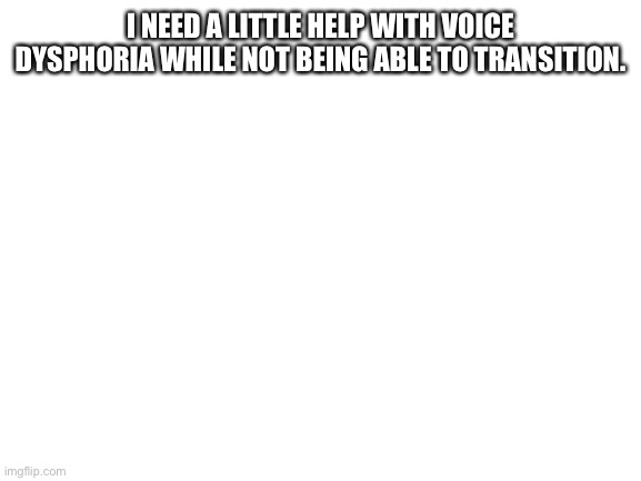 Blank White Template | I NEED A LITTLE HELP WITH VOICE DYSPHORIA WHILE NOT BEING ABLE TO TRANSITION. | image tagged in blank white template | made w/ Imgflip meme maker