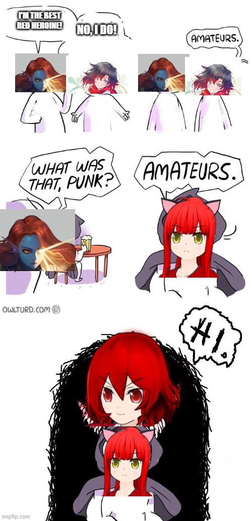 Who's the best Red-colored Heroine? | I'M THE BEST RED HEROINE! NO, I DO! | image tagged in amateurs 3 0,undyne,rwby,amateurs,amateurs extended,touhou | made w/ Imgflip meme maker